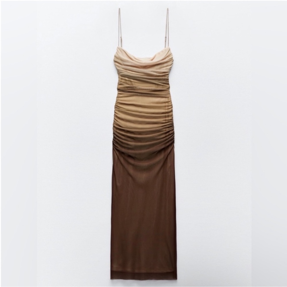 NWOT Zara Ombre Sheer Mesh Ruched Corset Boned Midi Brown Dress